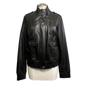 Vtg Y2k H2J Faux Leather Brown Biker High Neck Zip Up Jacket Grunge Rocker